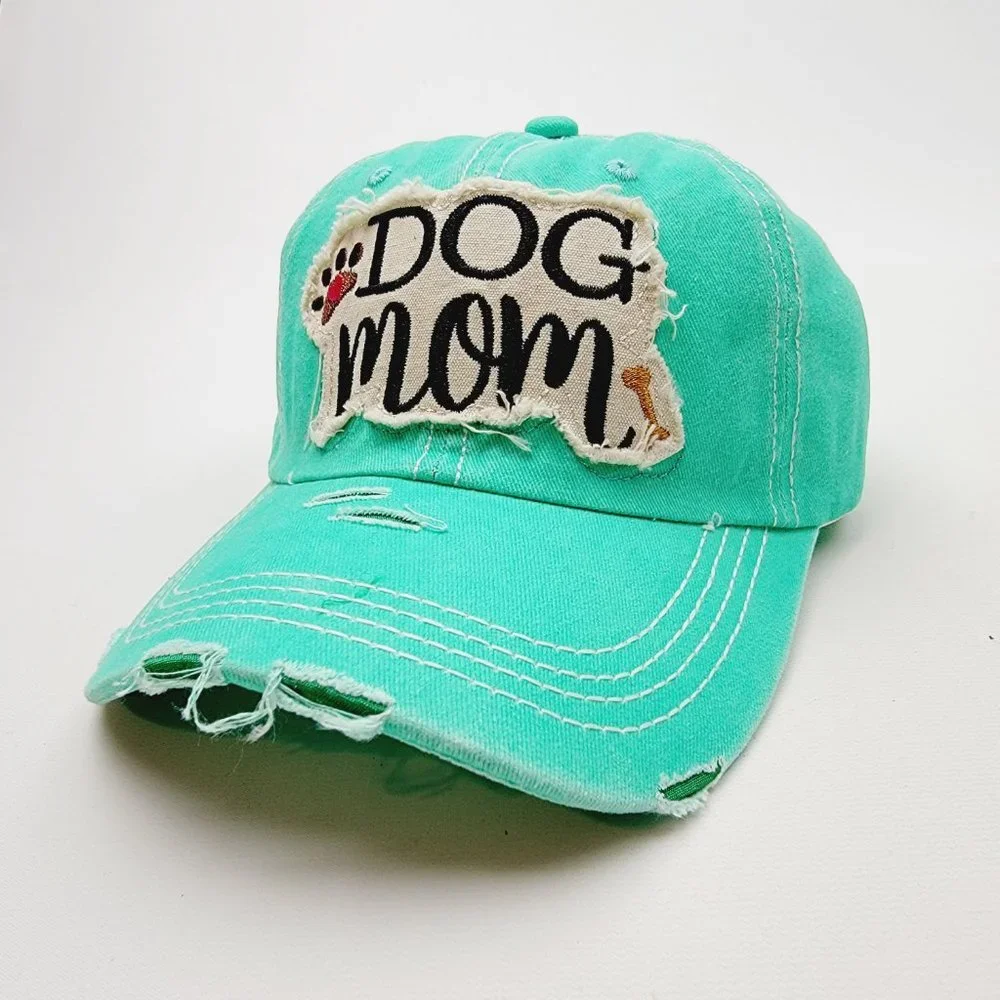 Dog Mom Distressed Relaxed Cotton Buckle Strap Full Cover Baseball Hat Cap Green